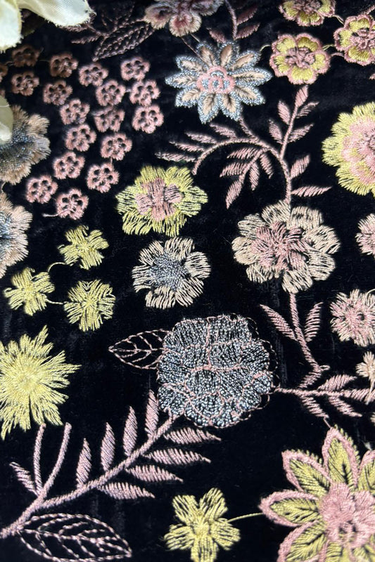 Black Trendy Velvet Embroidered Fabric ( 2.5 Mtr ) - Luxurion World
