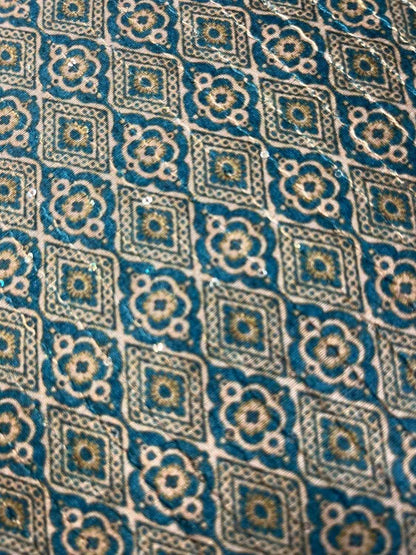 Stunning Off White & Blue Tussar Silk Fabric - 1 Mtr Digital Print - Luxurion World