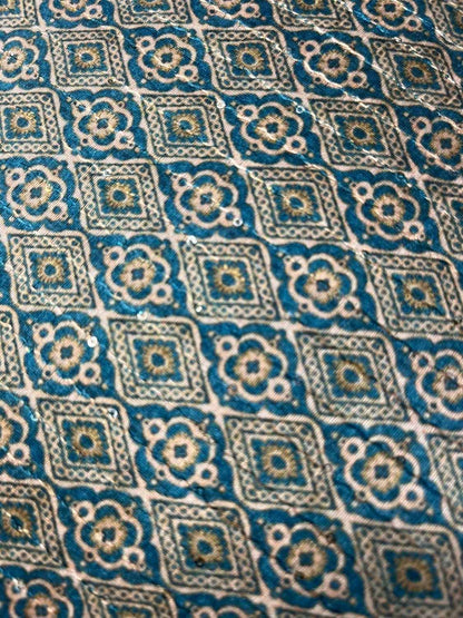 Stunning Off White & Blue Tussar Silk Fabric - 1 Mtr Digital Print - Luxurion World