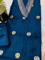 Blue Banarasi Handloom Pure Silk Two Piece Cordset With Vintage Banarasi Lace
