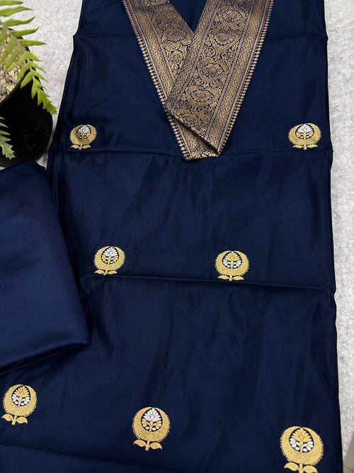Navy Blue Banarasi Handloom Pure Silk Two Piece Cordset With Vintage Banarasi Lace