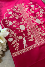 Pink Banarasi Pure Satin Katan Silk Kadwa Bird And Flower Design Kurti - Luxurion World
