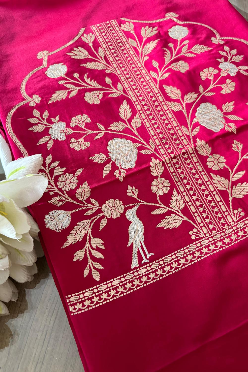 Pink Banarasi Pure Satin Katan Silk Kadwa Bird And Flower Design Kurti - Luxurion World