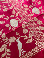 Pink Banarasi Pure Satin Katan Silk Kadwa Bird And Flower Design Kurti - Luxurion World