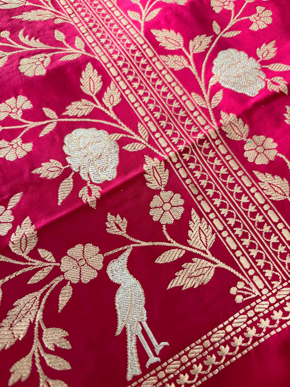 Pink Banarasi Pure Satin Katan Silk Kadwa Bird And Flower Design Kurti - Luxurion World