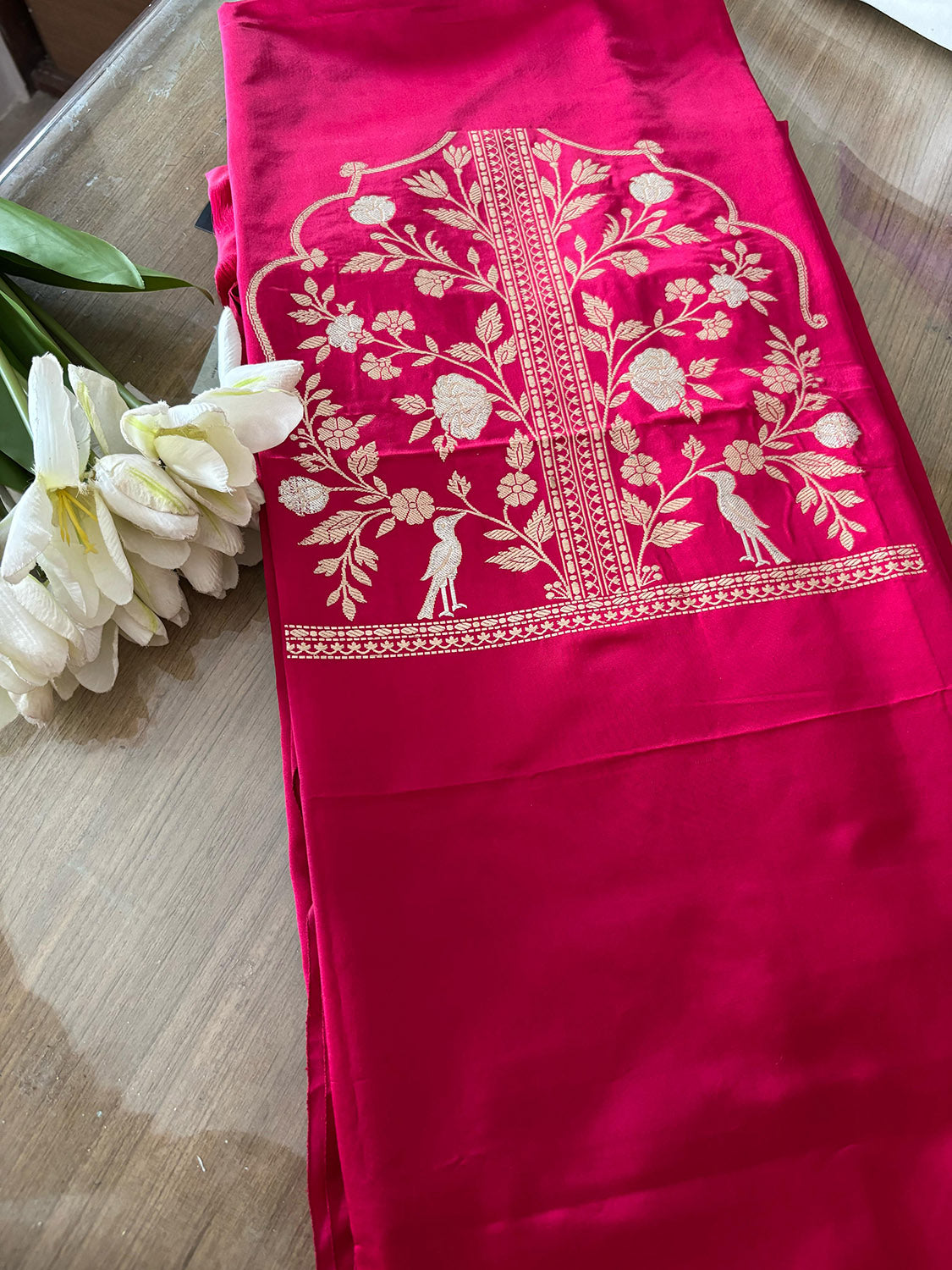 Pink Banarasi Pure Satin Katan Silk Kadwa Bird And Flower Design Kurti - Luxurion World