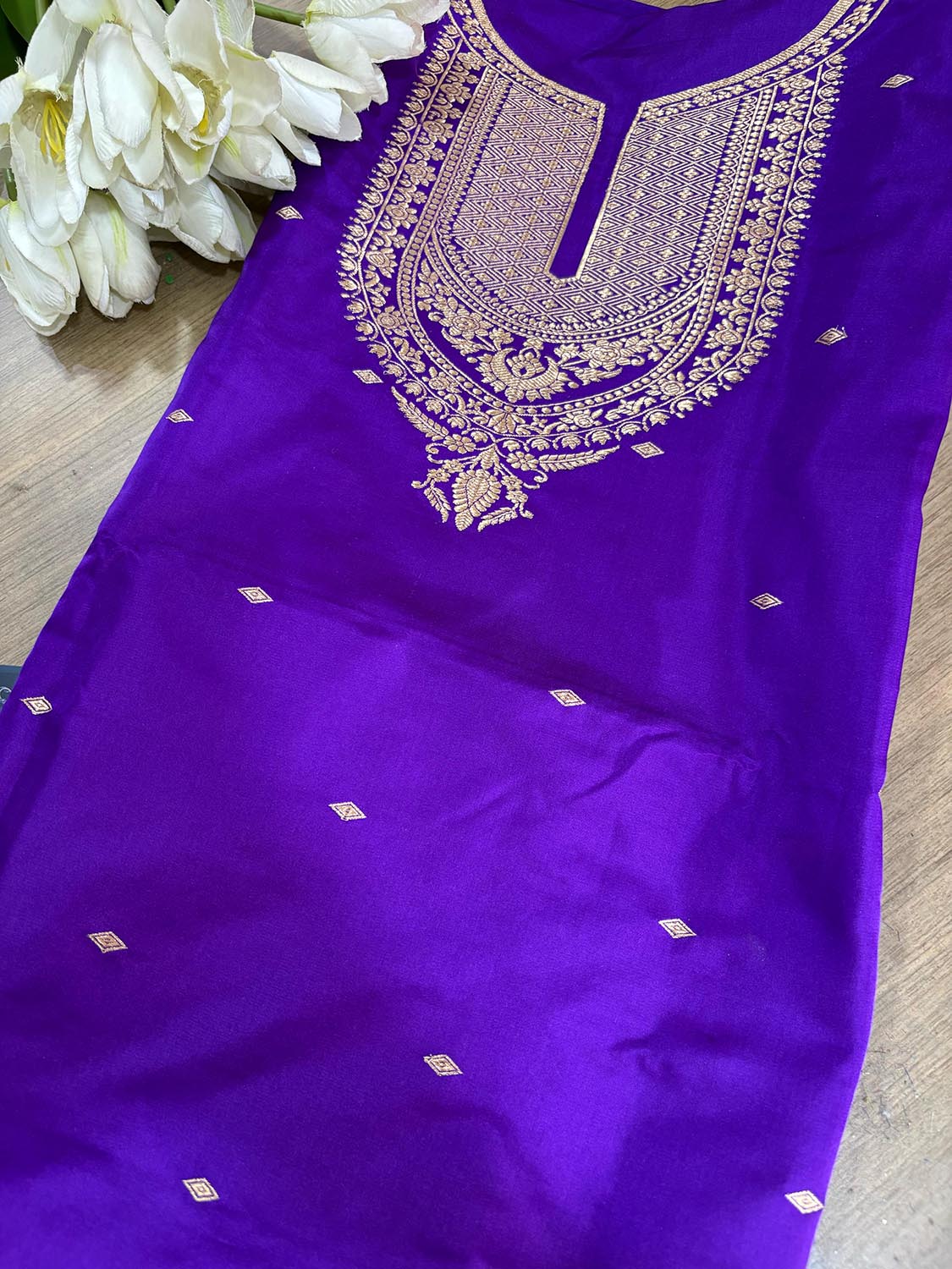 Elegant Purple Banarasi Pure Satin Katan Silk Kadwa Kurti - Luxurion World