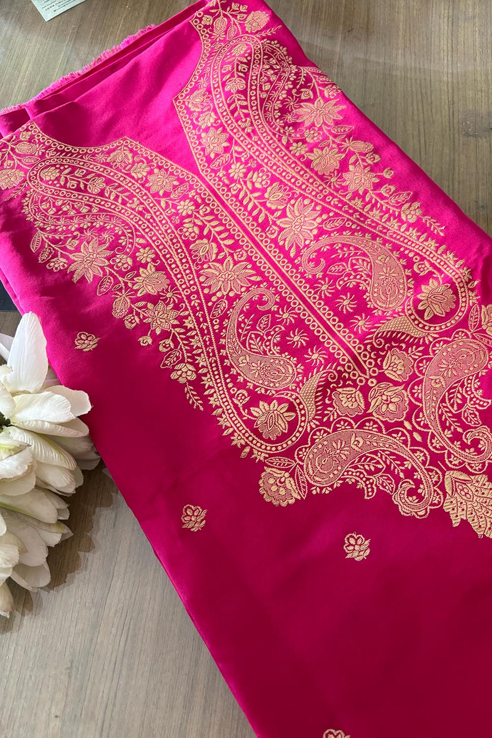 Stunning Pink Banarasi Pure Satin Katan Silk Kadwa Flower Design Kurti - Luxurion World
