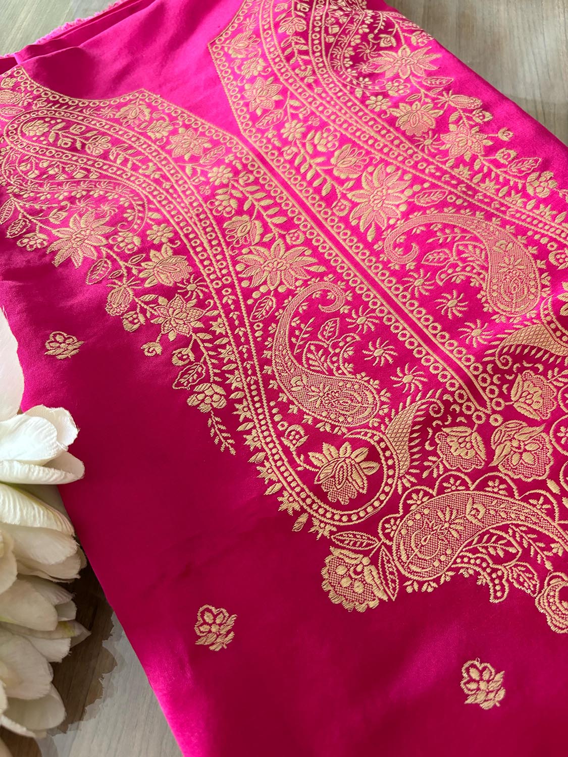 Stunning Pink Banarasi Pure Satin Katan Silk Kadwa Flower Design Kurti - Luxurion World