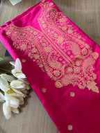 Stunning Pink Banarasi Pure Satin Katan Silk Kadwa Flower Design Kurti - Luxurion World