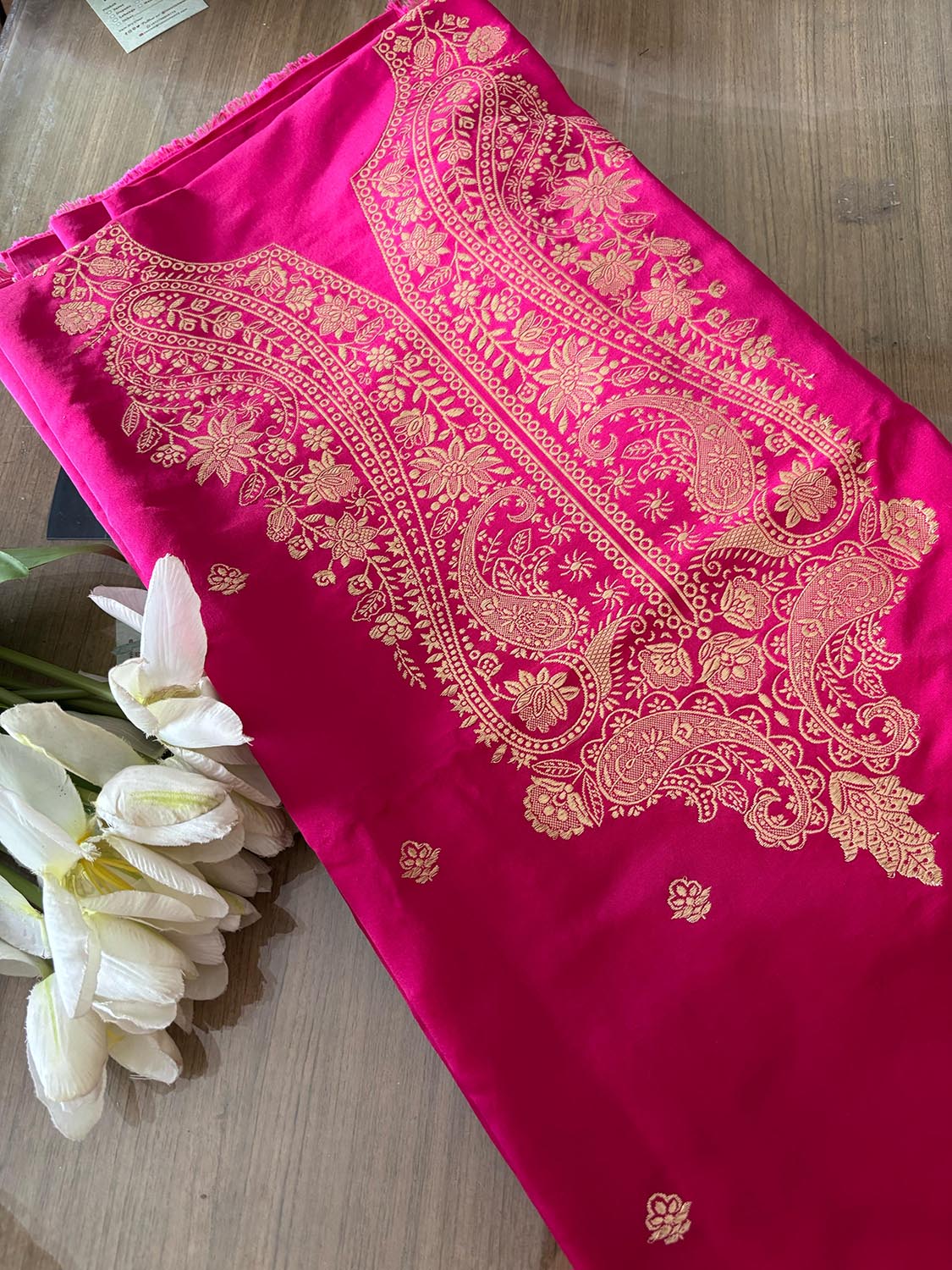 Stunning Pink Banarasi Pure Satin Katan Silk Kadwa Flower Design Kurti - Luxurion World