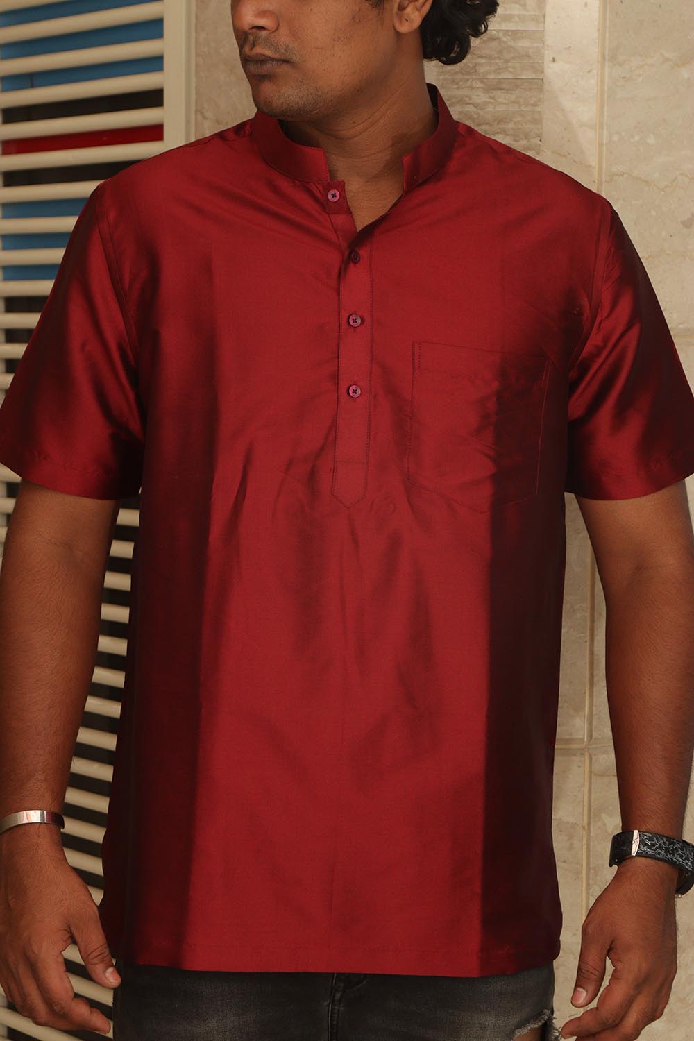 Stylish Maroon Plain Silk Short Kurta - Luxurion World