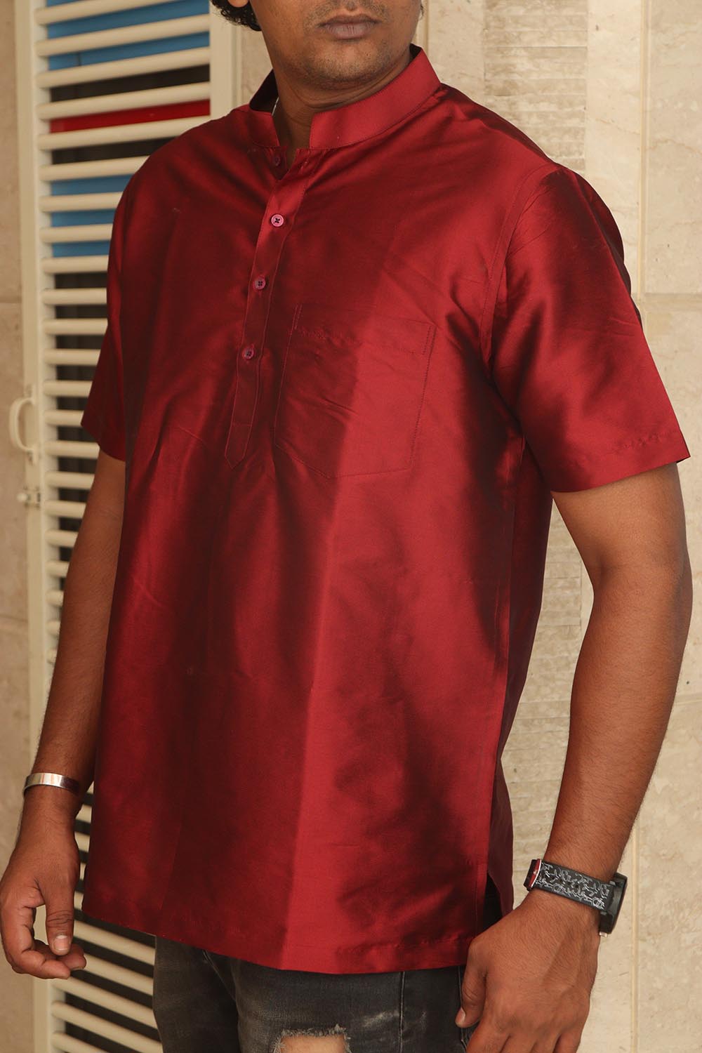 Stylish Maroon Plain Silk Short Kurta - Luxurion World