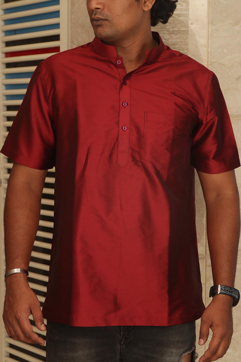 Stylish Maroon Plain Silk Short Kurta - Luxurion World