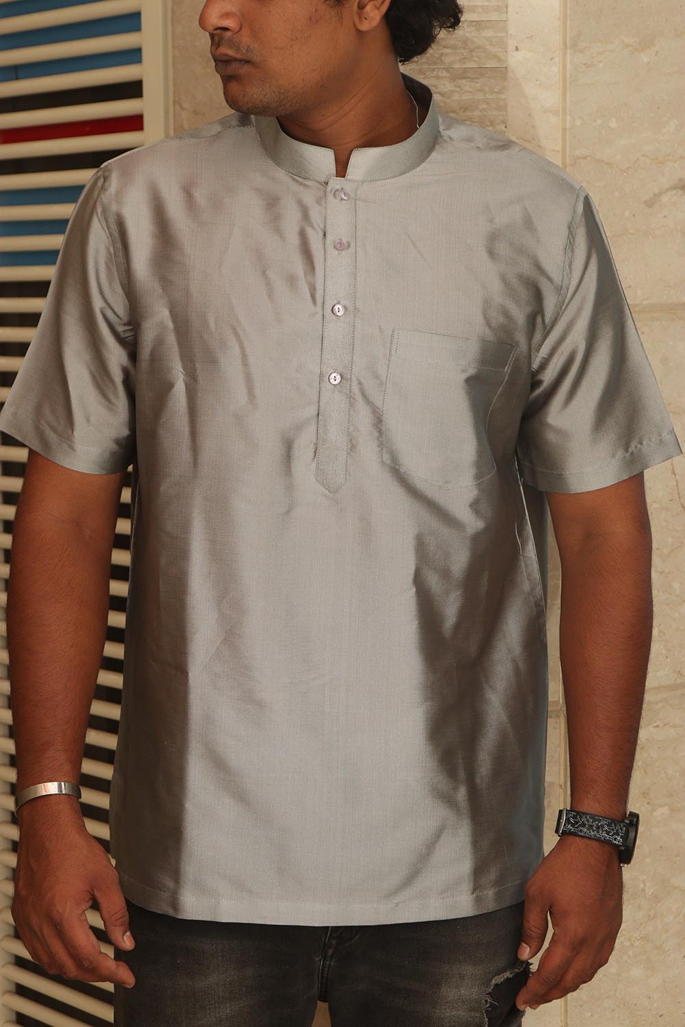 Stylish Grey Plain Silk Short Kurta - Luxurion World