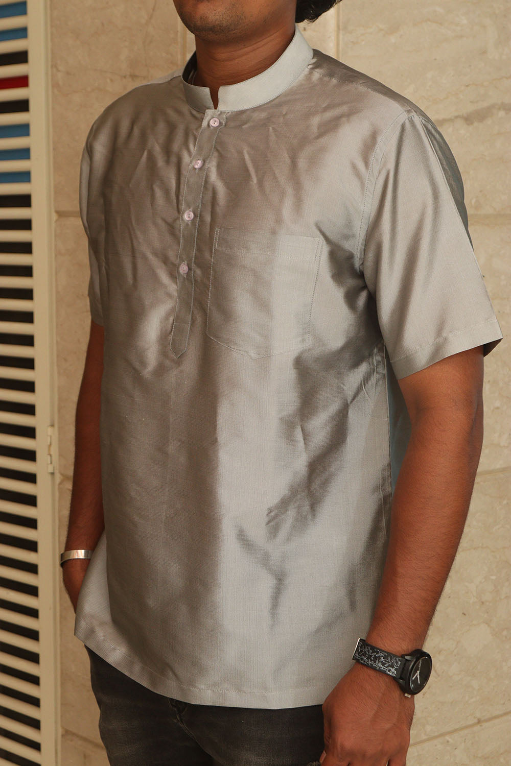 Stylish Grey Plain Silk Short Kurta - Luxurion World