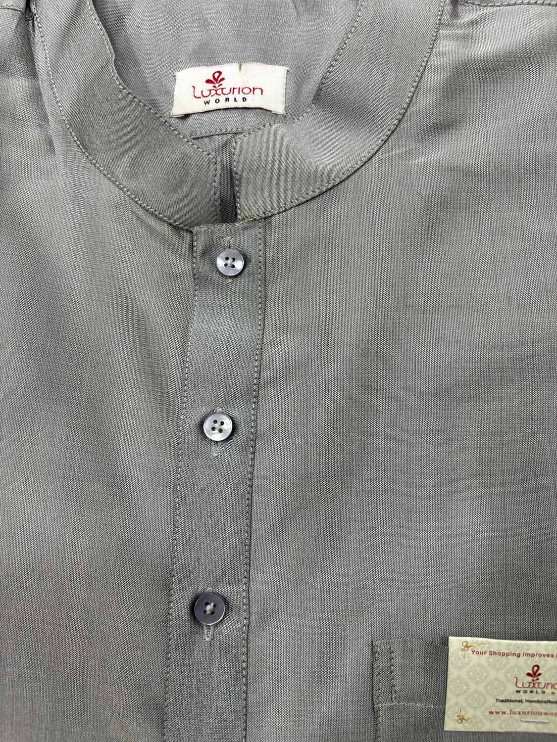 Classic Grey Plain Silk Short Kurta - Luxurion World