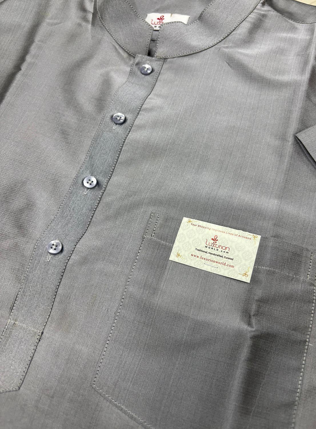 Classic Grey Plain Silk Short Kurta - Luxurion World
