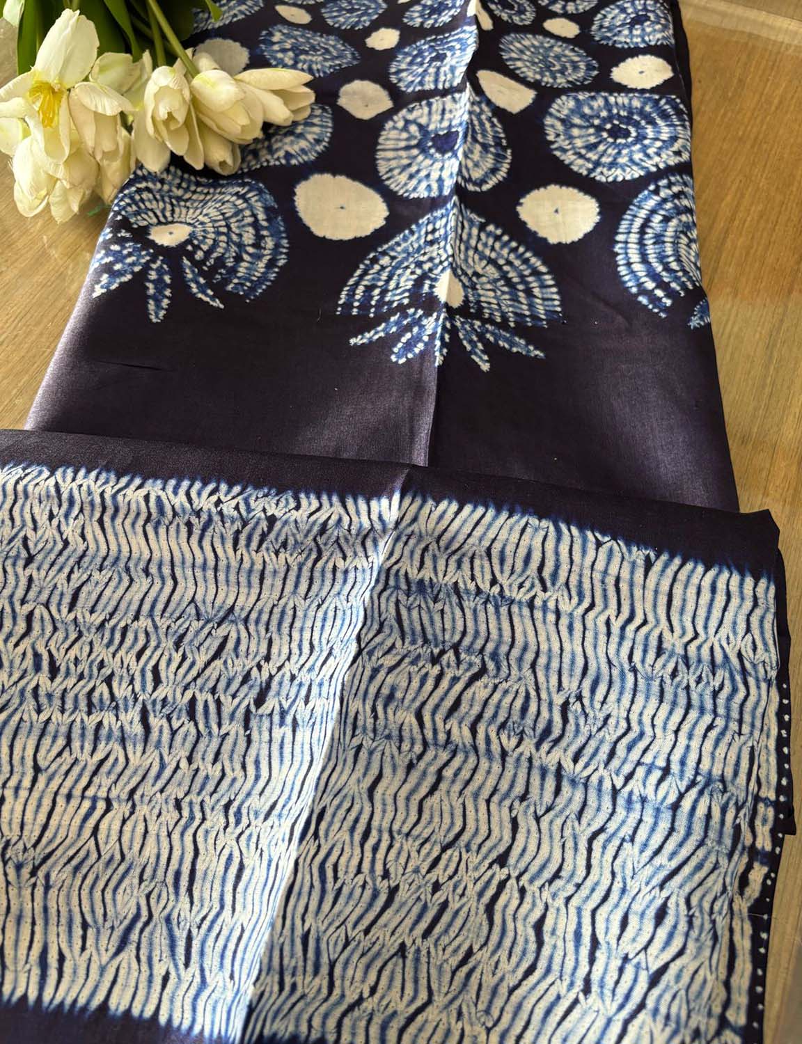 Blue Shibori Tie N Dye Pure Tussar Silk Hand Needle Work Kaftan - Luxurion World
