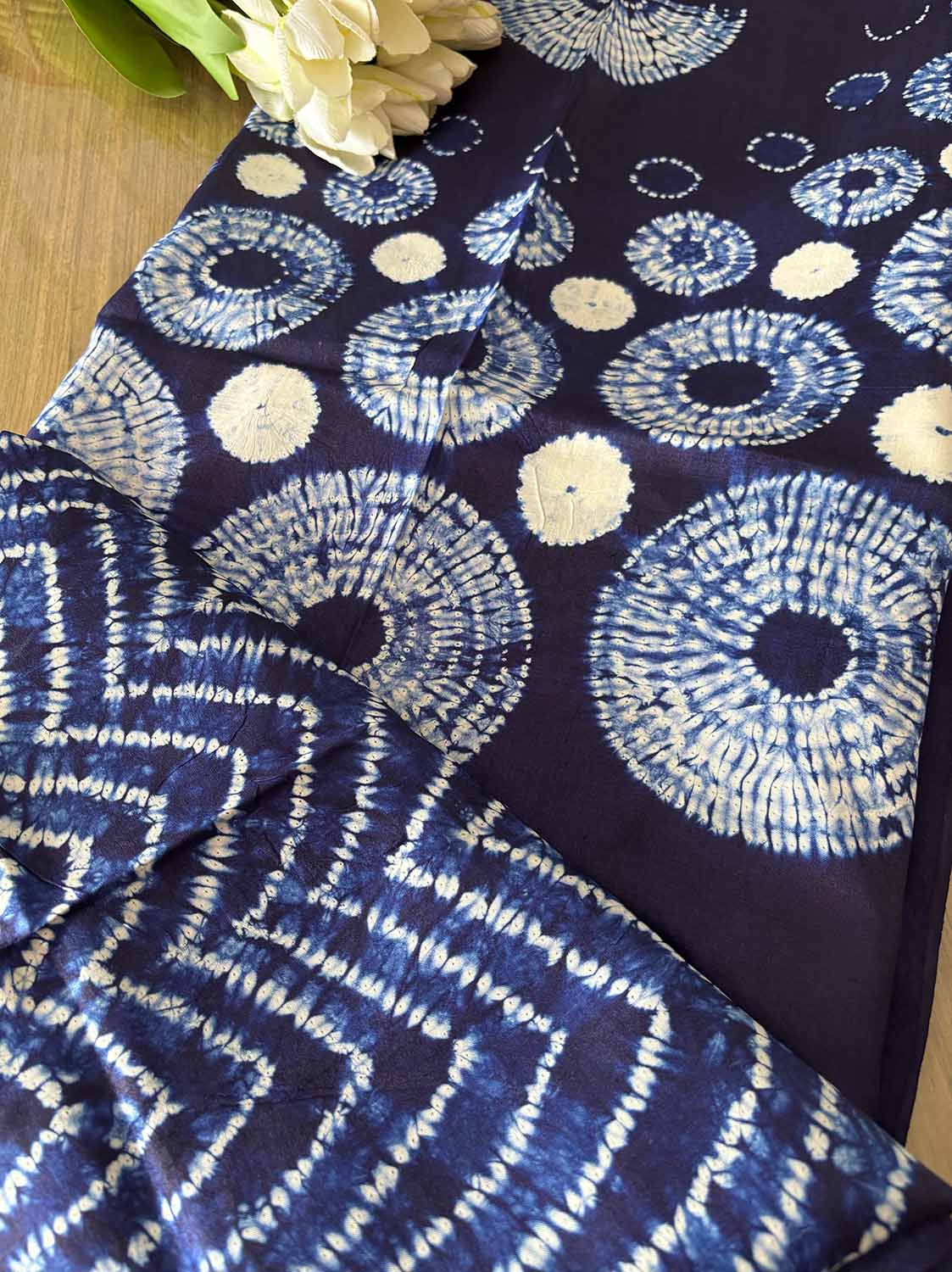 Blue Shibori Tie N Dye Pure Tussar Silk Hand Needle Work Kaftan - Luxurion World