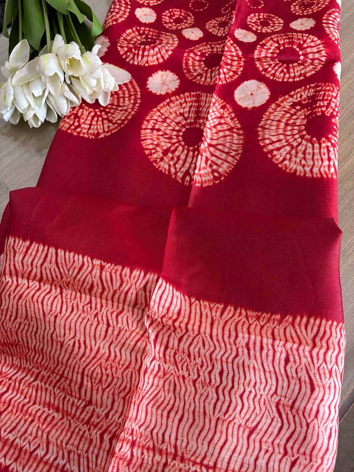 Red Shibori Tie N Dye Pure Tussar Silk Hand Needle Work Kaftan - Luxurion World