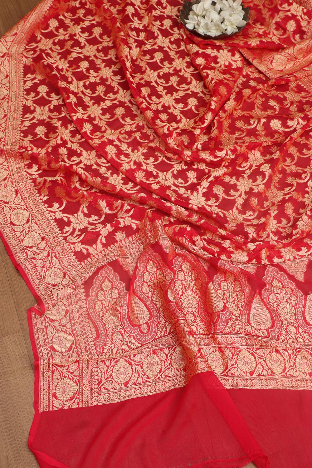 Stunning Red Banarasi Georgette Unstitched Lehenga Set - Luxurion World