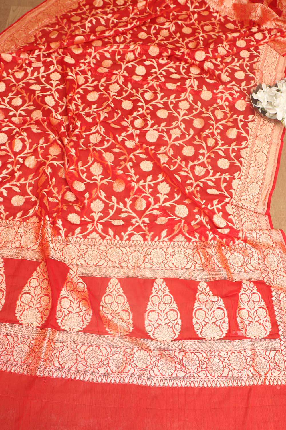 Stunning Red Banarasi Georgette Unstitched Lehenga Set - Luxurion World