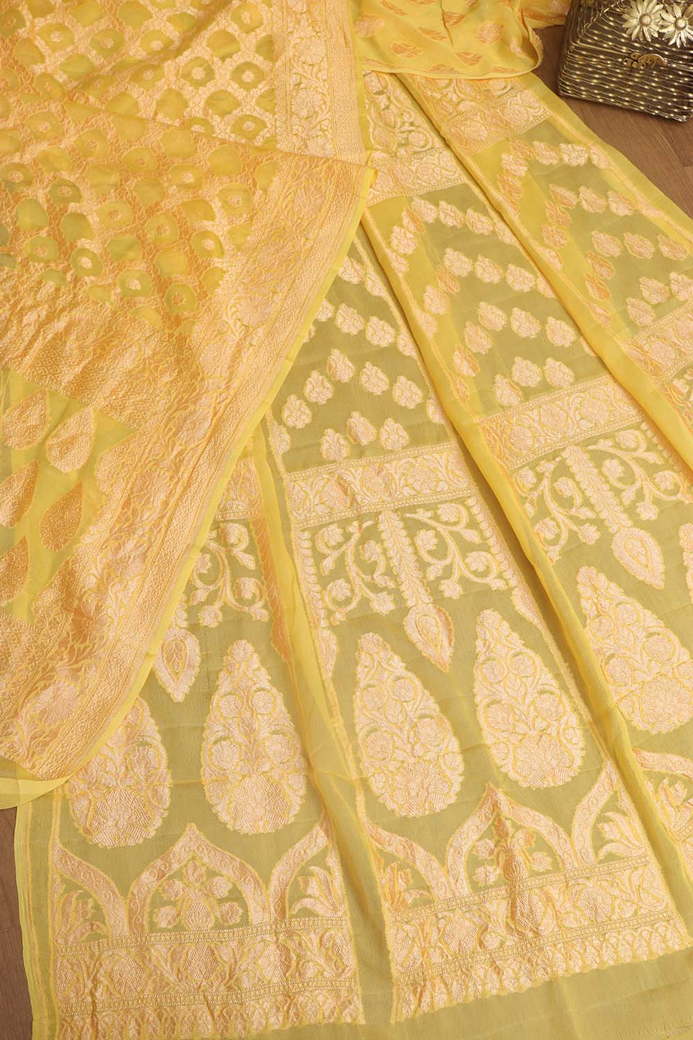 Yellow Banarasi Georgette Unstitched Lehenga Set - Luxurion World