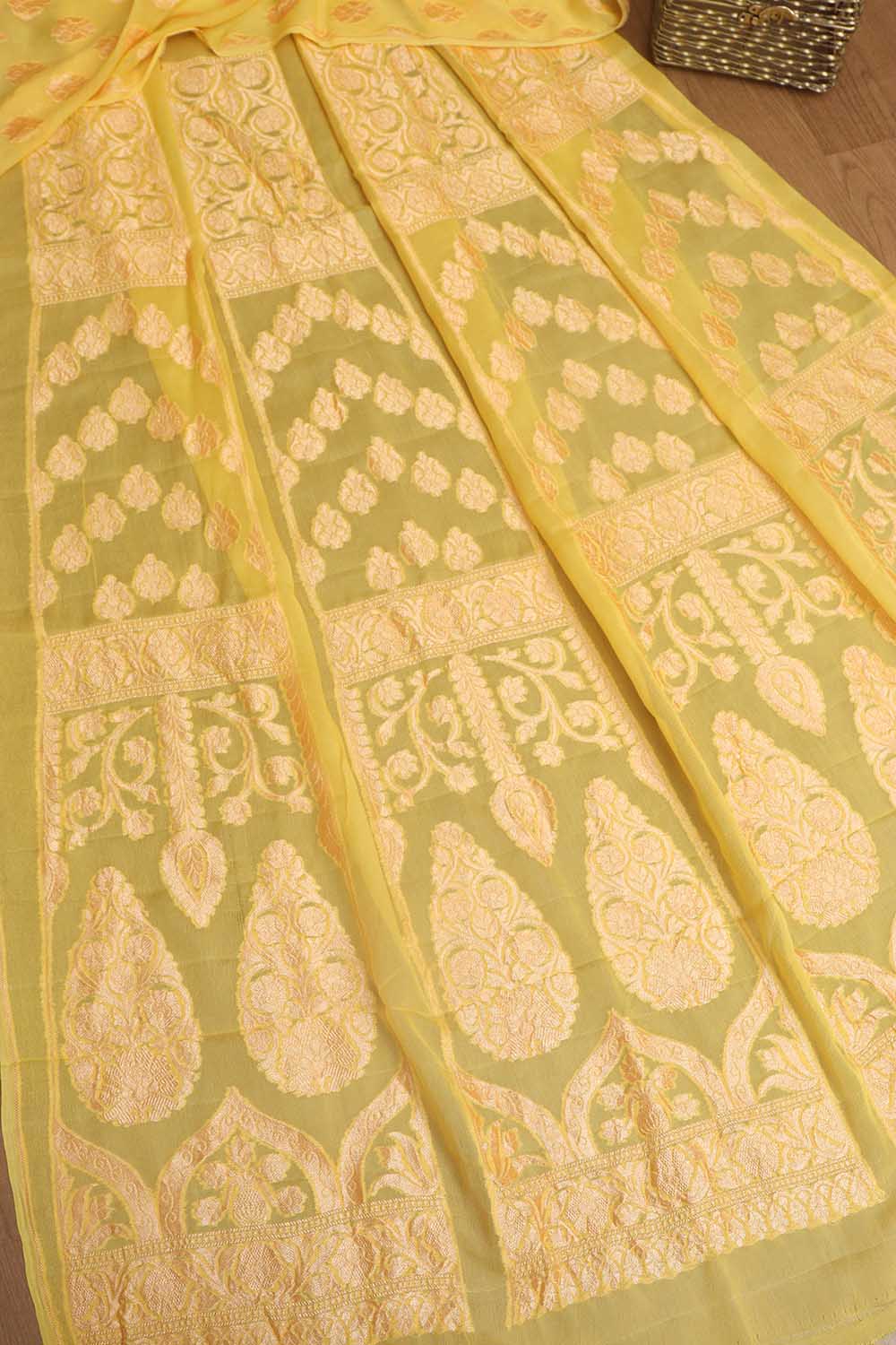 Yellow Banarasi Georgette Unstitched Lehenga Set - Luxurion World