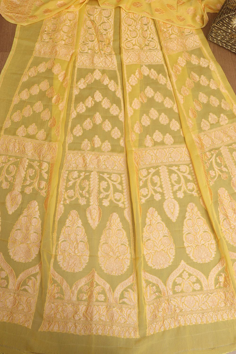 Yellow Banarasi Georgette Unstitched Lehenga Set - Luxurion World