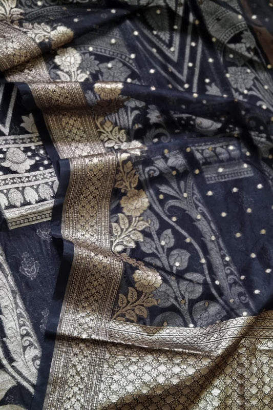 Blue Banarasi Organza Unstitched Lehenga Set - Luxurion World