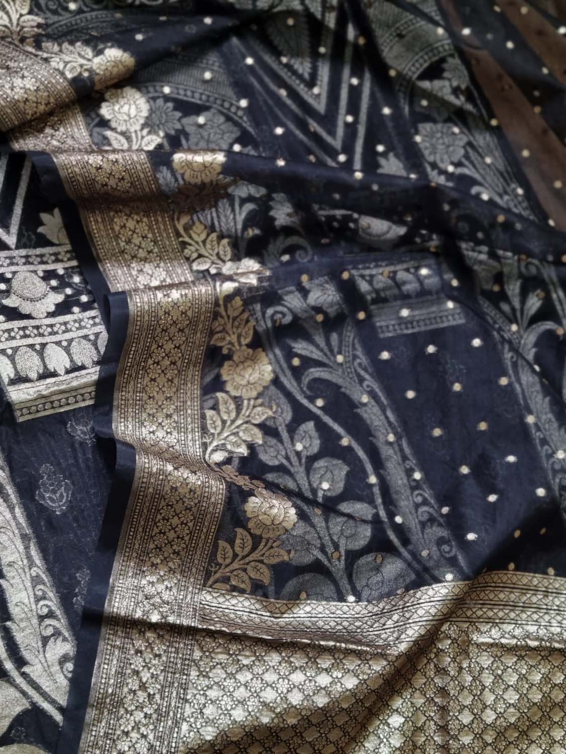 Blue Banarasi Organza Unstitched Lehenga Set - Luxurion World