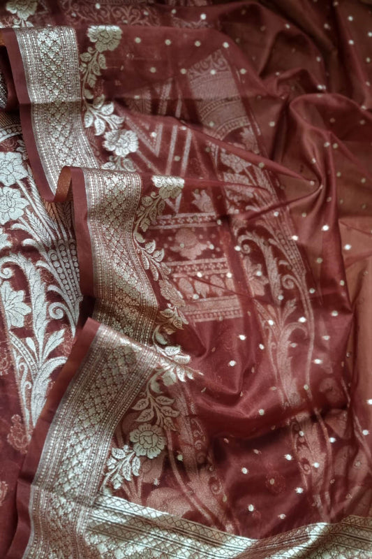 Brown Banarasi Organza Unstitched Lehenga Set - Luxurion World