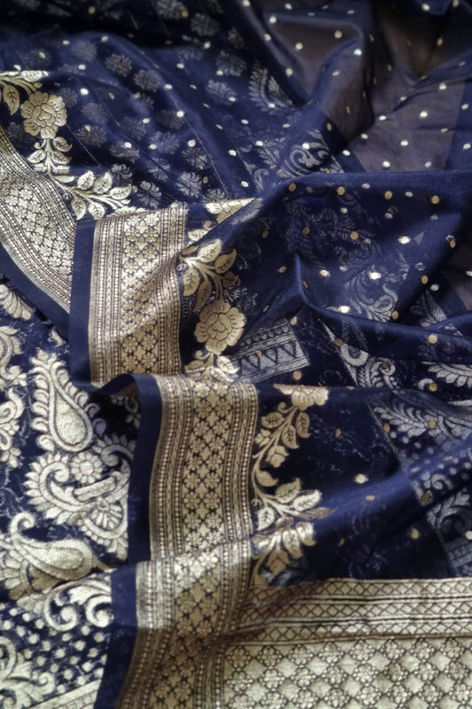 Blue Banarasi Organza Unstitched Lehenga Set - Luxurion World