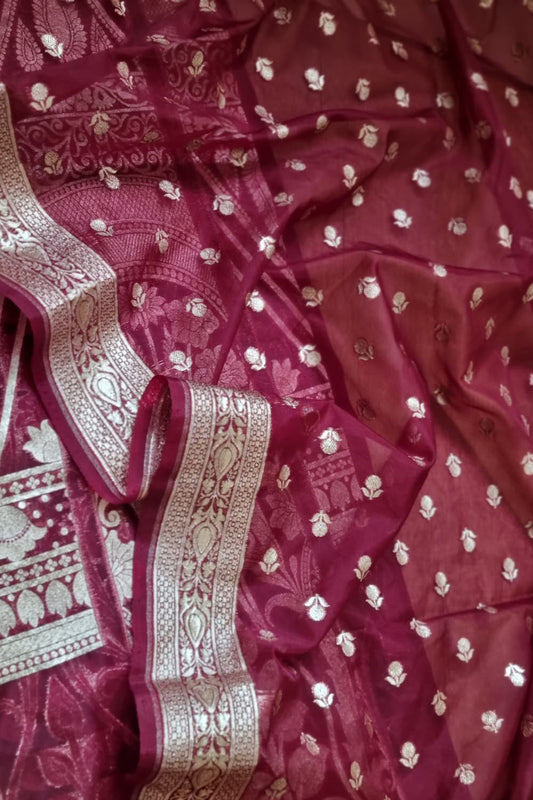 Pink Banarasi Organza Unstitched Lehenga Set - Luxurion World