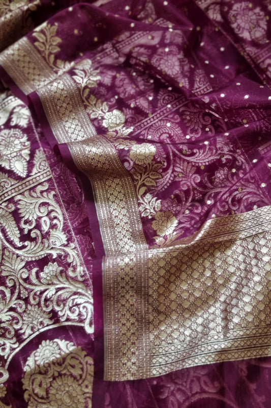 Purple Banarasi Organza Unstitched Lehenga Set