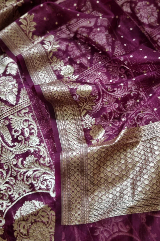 Purple Banarasi Organza Unstitched Lehenga Set - Luxurion World