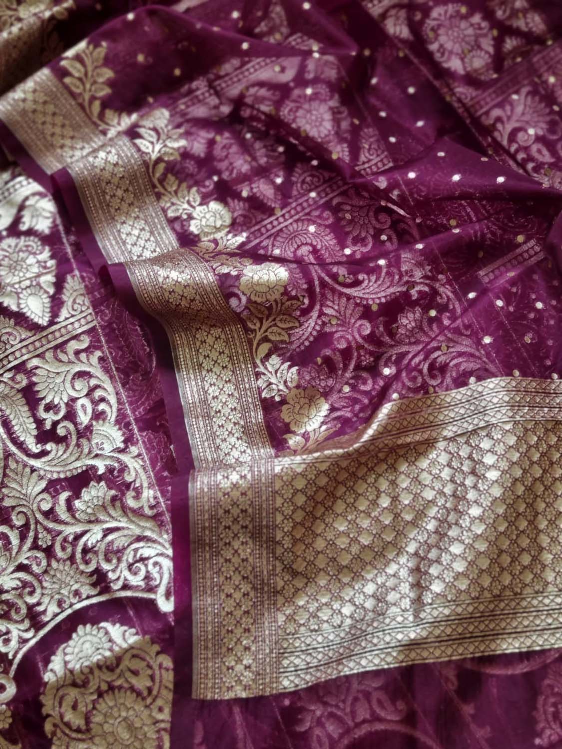 Purple Banarasi Organza Unstitched Lehenga Set - Luxurion World