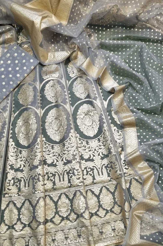 Grey Handloom Banarasi Organza Silk Lehenga Set