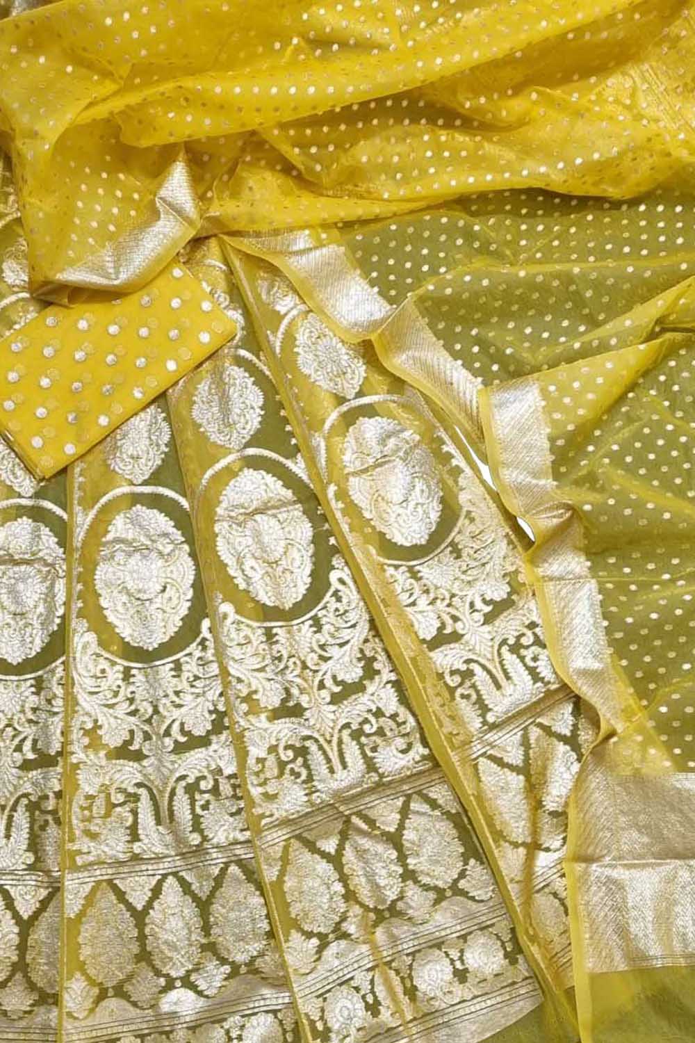 Yellow Handloom Banarasi Organza Silk Lehenga Set - Luxurion World