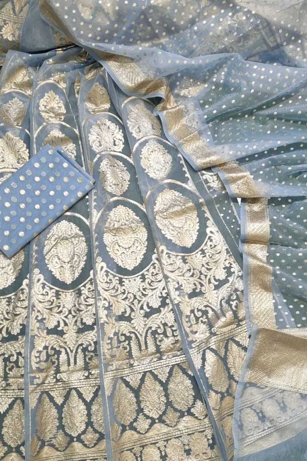 Blue Handloom Banarasi Organza Silk Lehenga Set - Luxurion World