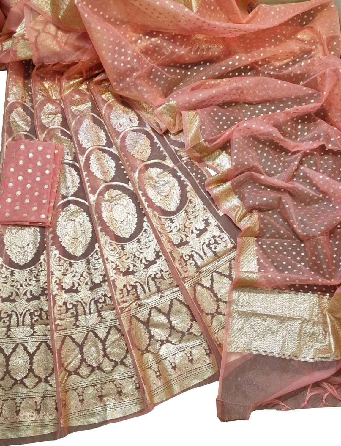 Elegant Peach Banarasi Organza Silk Lehenga Set - Luxurion World