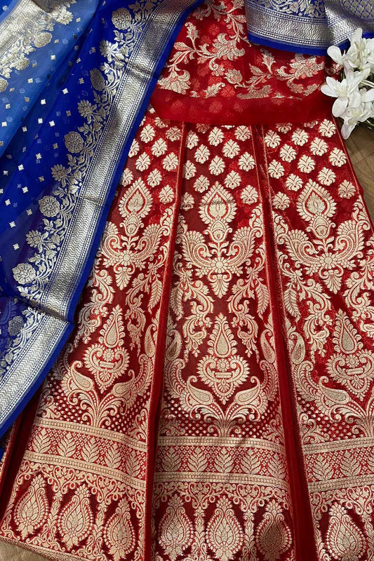Exquisite Red Banarasi Organza Silk Lehenga: Timeless Elegance