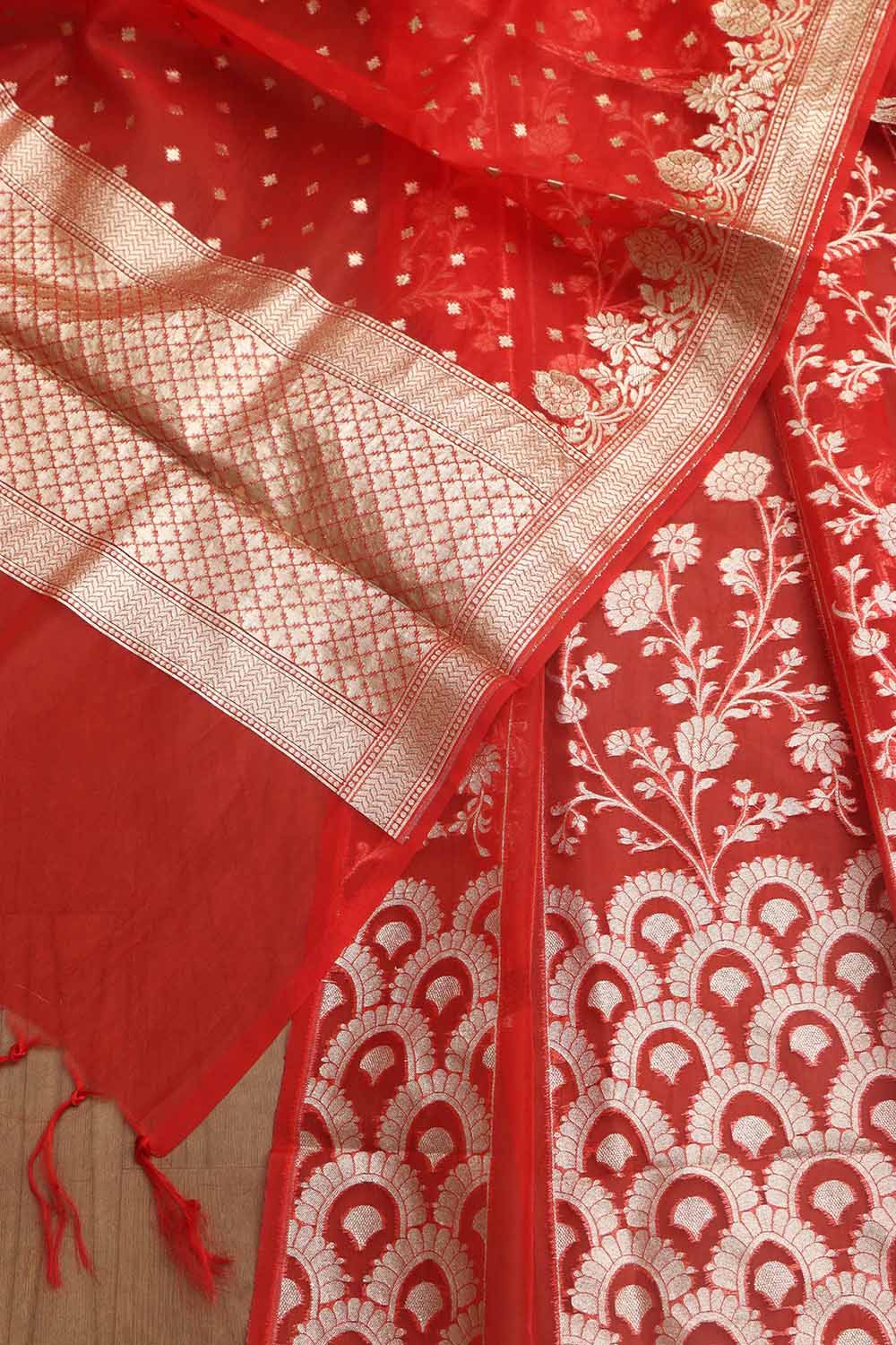 Red Banarasi Organza Silk Unstitched Lehenga Set - Elegant Style - Luxurion World