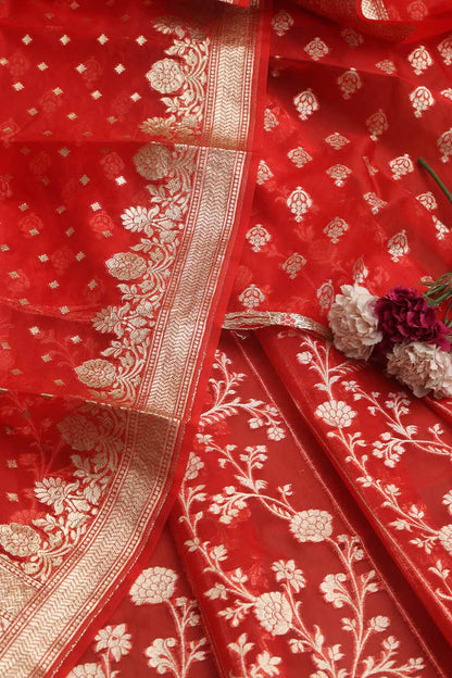 Red Banarasi Organza Silk Unstitched Lehenga Set - Elegant Style - Luxurion World