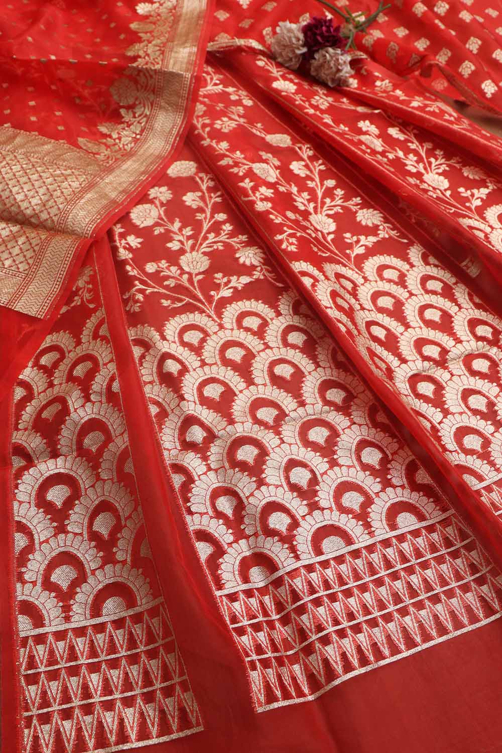 Red Banarasi Organza Silk Unstitched Lehenga Set - Elegant Style - Luxurion World