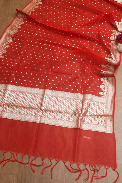 Red Banarasi Organza Silk Unstitched Lehenga Set - Elegant Style - Luxurion World