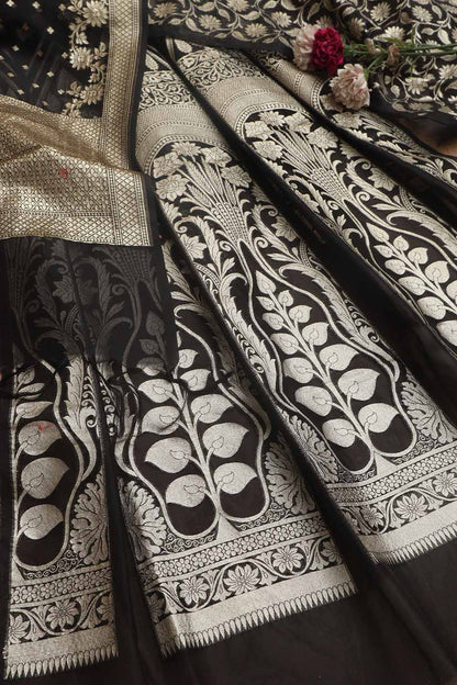 Classic Black Banarasi Organza Silk Unstitched Lehenga Set - Luxurion World