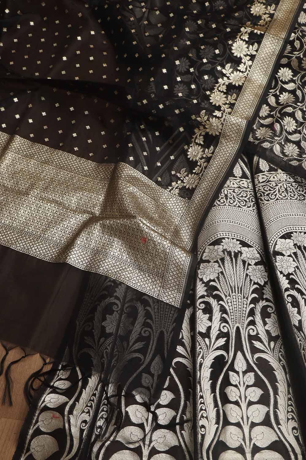 Classic Black Banarasi Organza Silk Unstitched Lehenga Set - Luxurion World