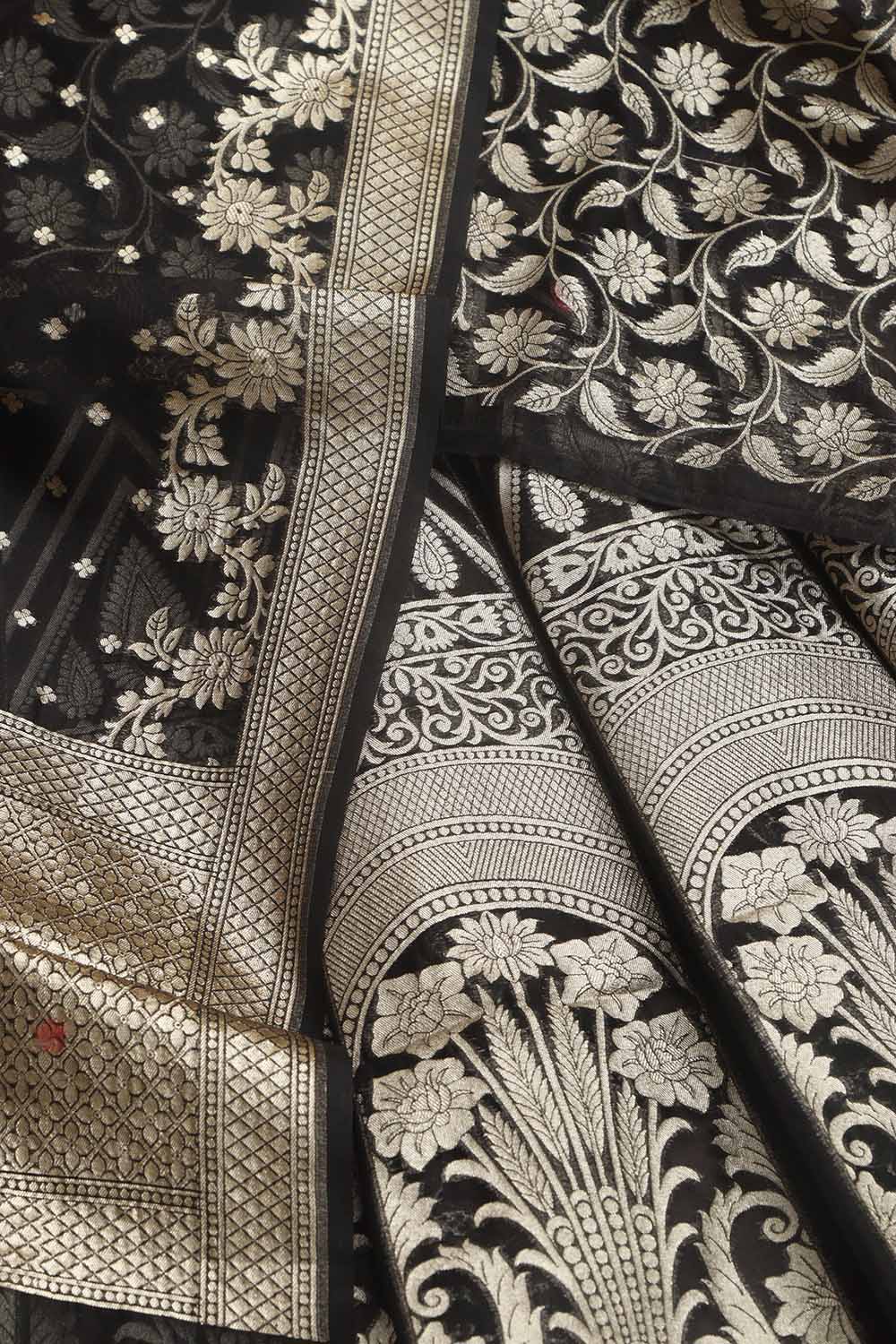 Classic Black Banarasi Organza Silk Unstitched Lehenga Set - Luxurion World